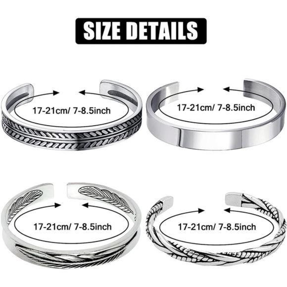 4Pcs Men's Cuff Bracelets Silver Cuff Bracelet Leaves Pattern Twisted Open Cuff - Picture 7 of 7